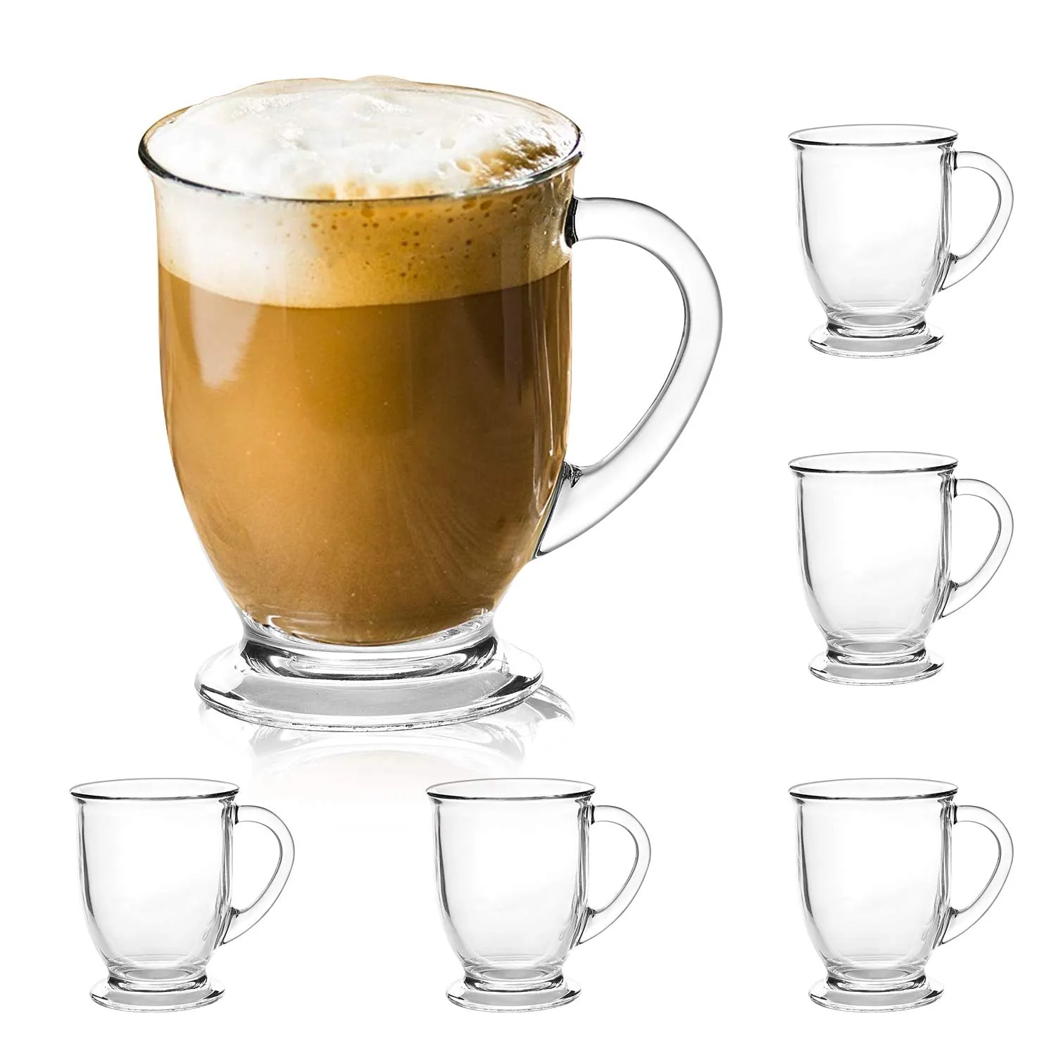 15oz/450ml Glass Coffee Mugs Clear Coffee Cups with Handles perfect for Latte, Cappuccino, Espresso Coffee, Tea and Hot Beverages, Set of 6