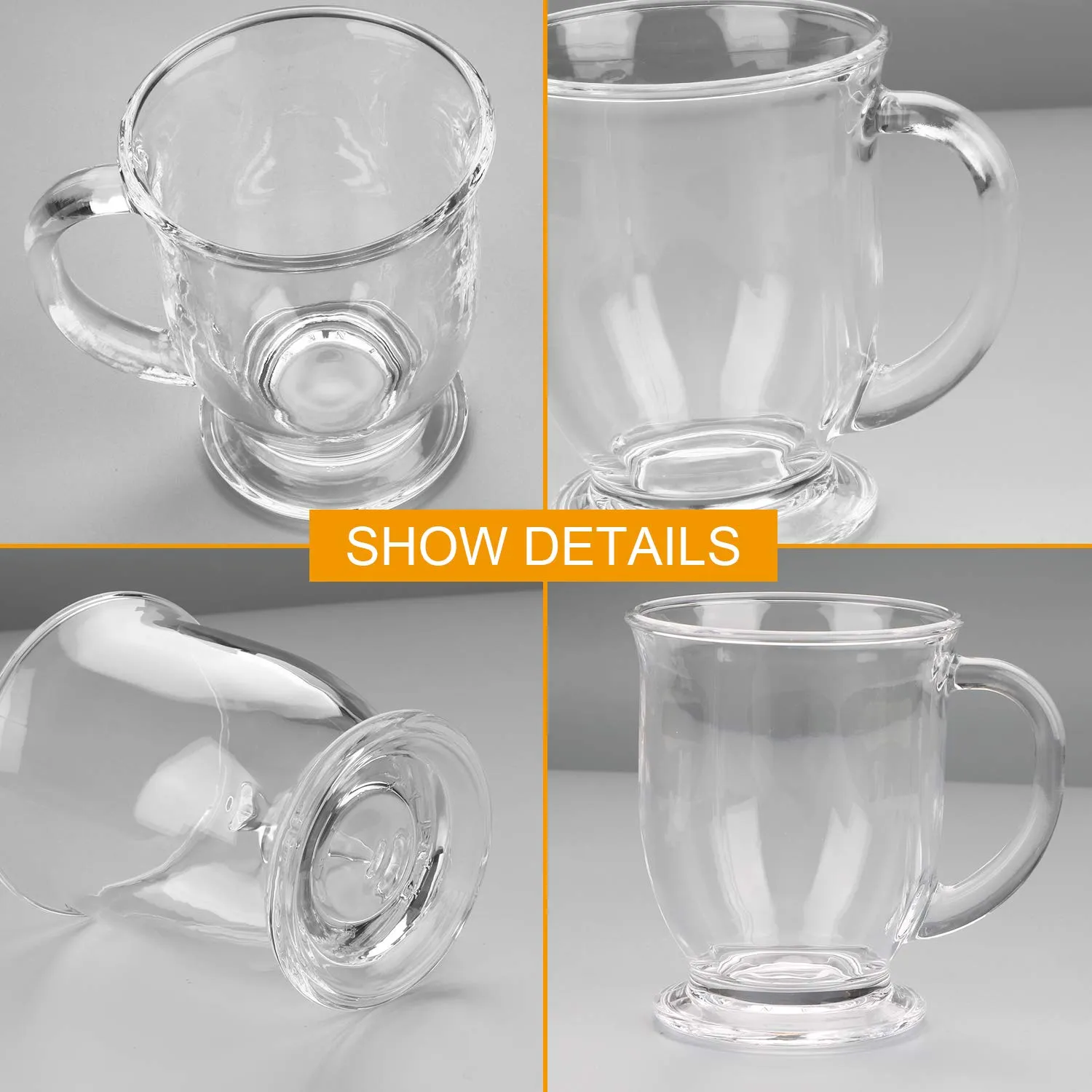 15oz/450ml Glass Coffee Mugs Clear Coffee Cups with Handles perfect for Latte, Cappuccino, Espresso Coffee, Tea and Hot Beverages, Set of 6