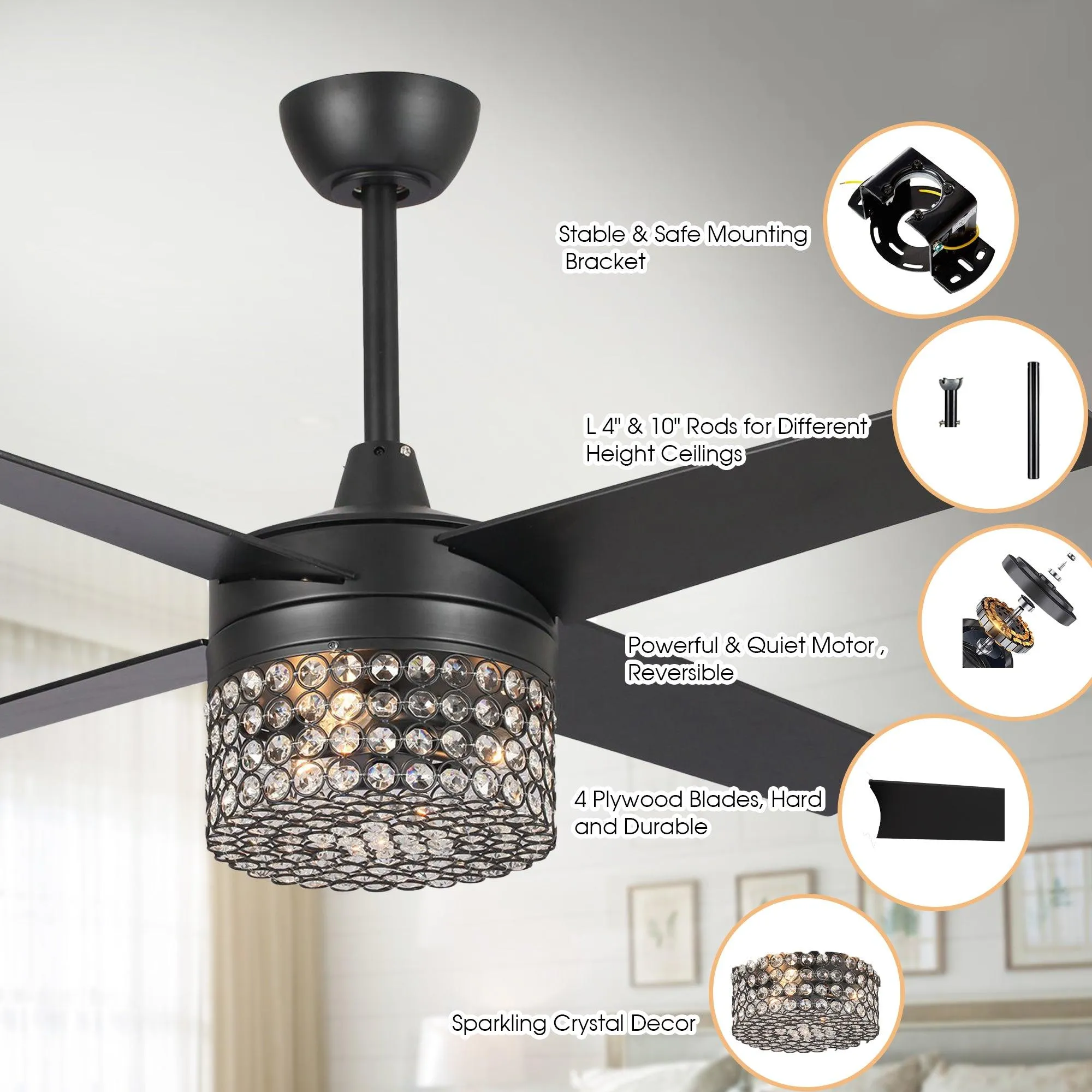 48" Pune Modern Downrod Mount Reversible Crystal Ceiling Fan with Lighting and Remote Control