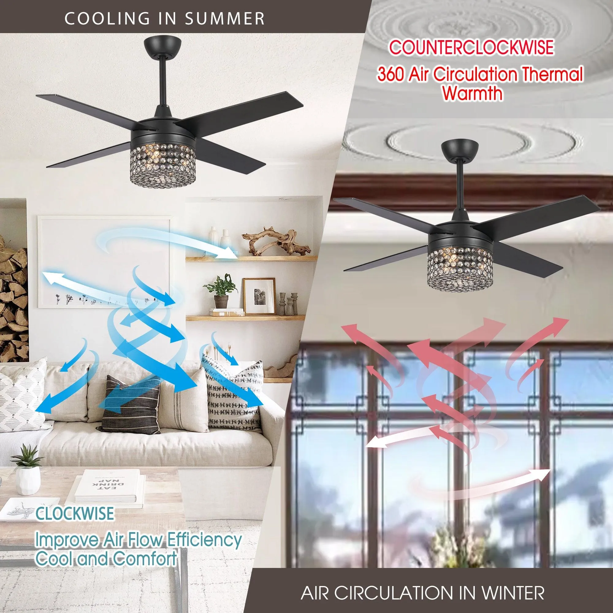 48" Pune Modern Downrod Mount Reversible Crystal Ceiling Fan with Lighting and Remote Control