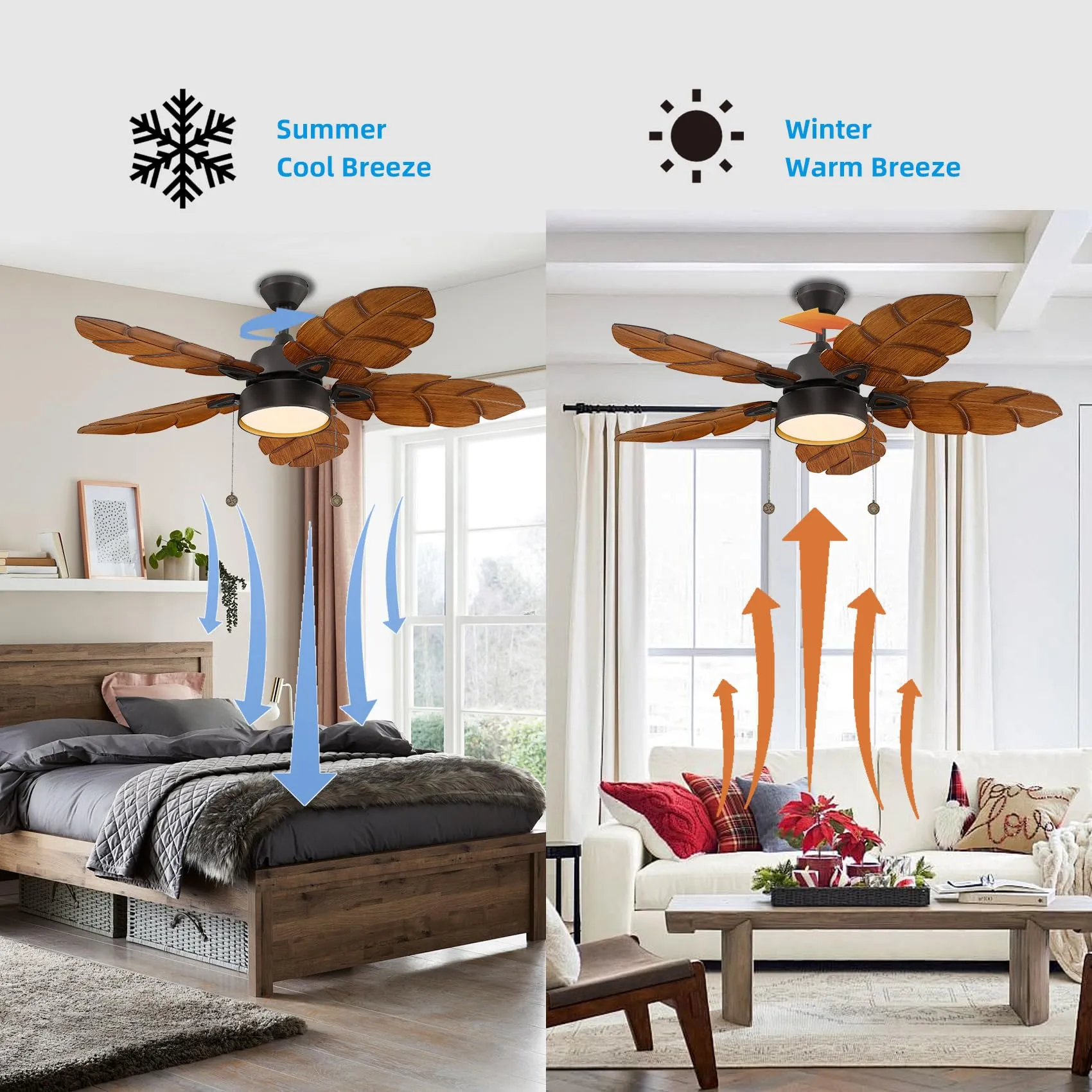 52 Inch Tropical Ceiling Fan with Light, Pull Chain, Indoor Outdoor Ceiling Fan for Patio, Palm Leaf Outdoor Ceiling Fan with Light for Living Room, Bedroom, Kitchen, Reversible Fan, Black Bronze