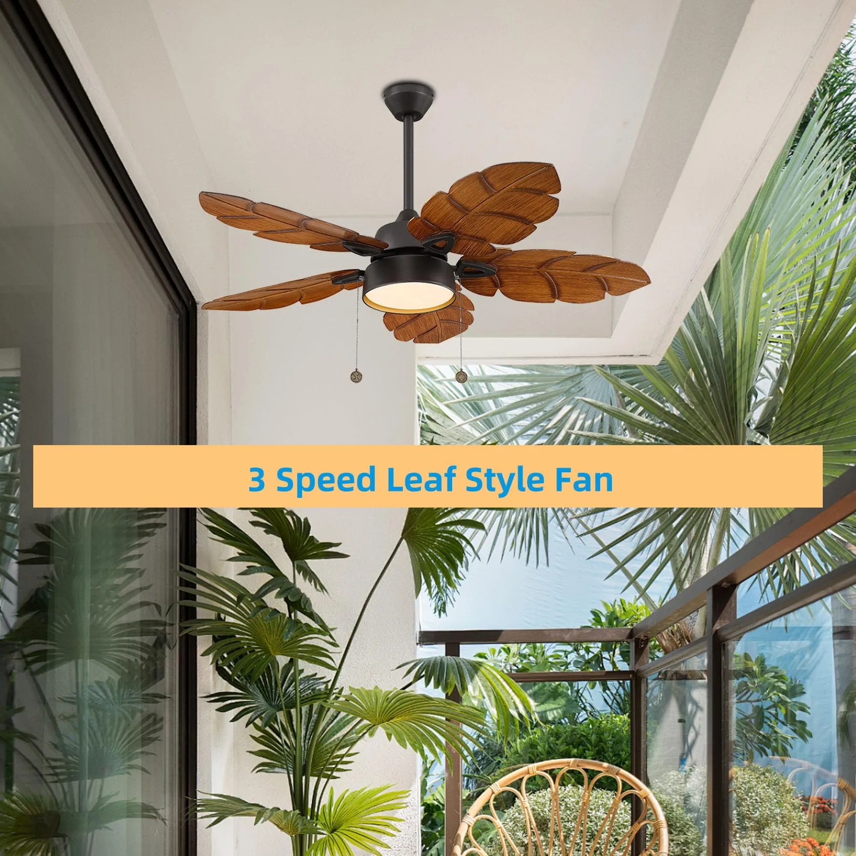 52 Inch Tropical Ceiling Fan with Light, Pull Chain, Indoor Outdoor Ceiling Fan for Patio, Palm Leaf Outdoor Ceiling Fan with Light for Living Room, Bedroom, Kitchen, Reversible Fan, Black Bronze