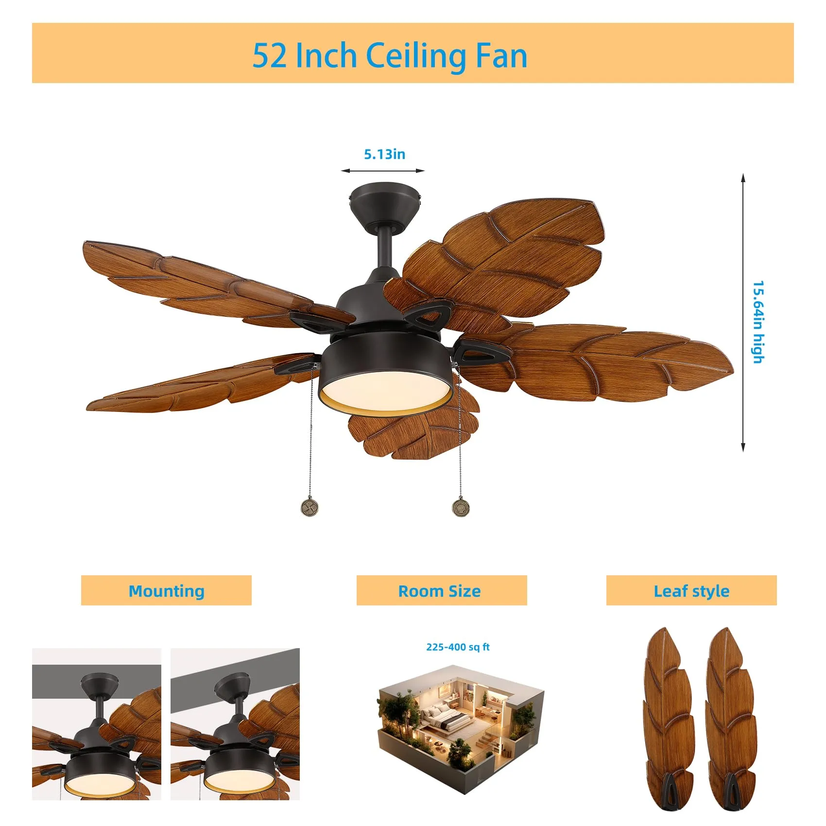 52 Inch Tropical Ceiling Fan with Light, Pull Chain, Indoor Outdoor Ceiling Fan for Patio, Palm Leaf Outdoor Ceiling Fan with Light for Living Room, Bedroom, Kitchen, Reversible Fan, Black Bronze