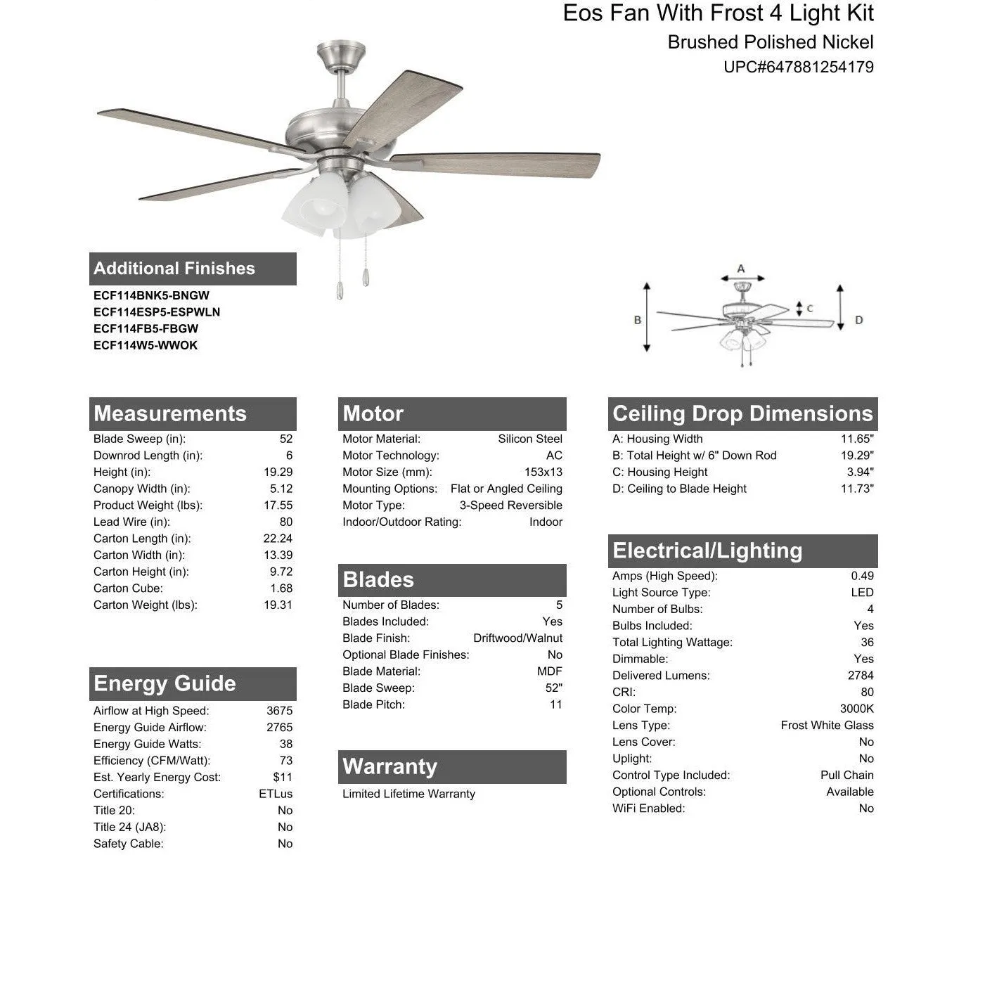 52" Eos Frost 4 Light in Brushed Polished Nickel w/ Driftwood/Walnut Blades