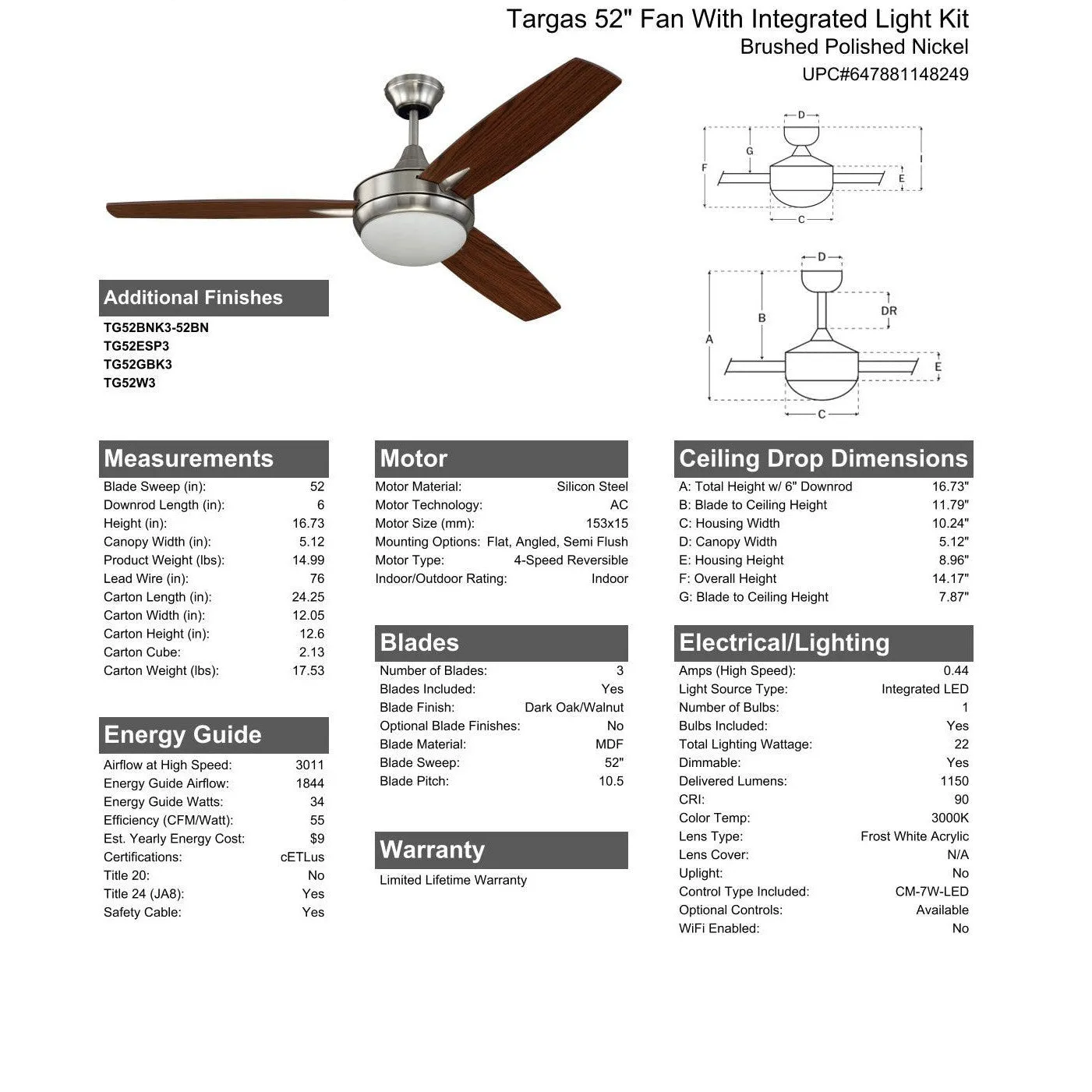 52" Targas in Brushed Polished Nickel w/ Dark Oak/Walnut Blades