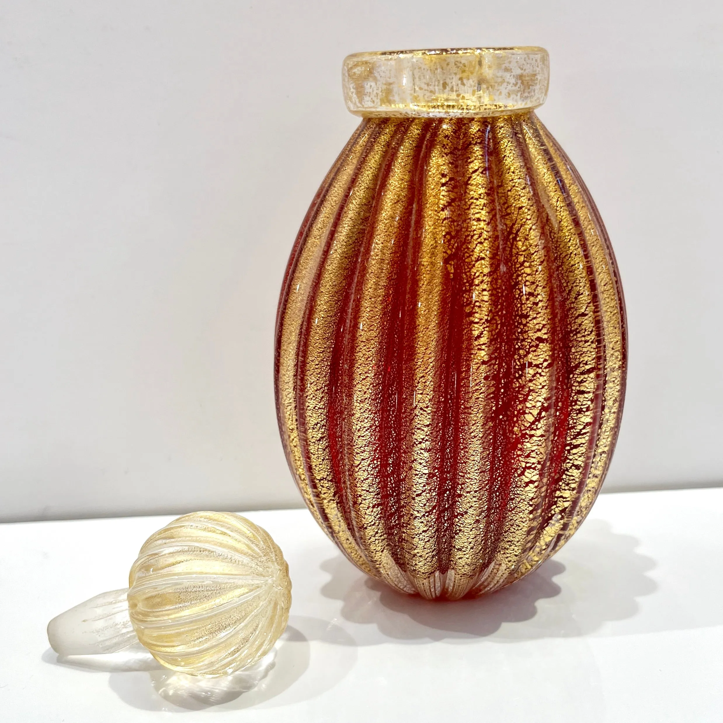 Alberto Donà 1970s Vintage Italian Crystal Gold Ruby Red Murano Glass Bottle