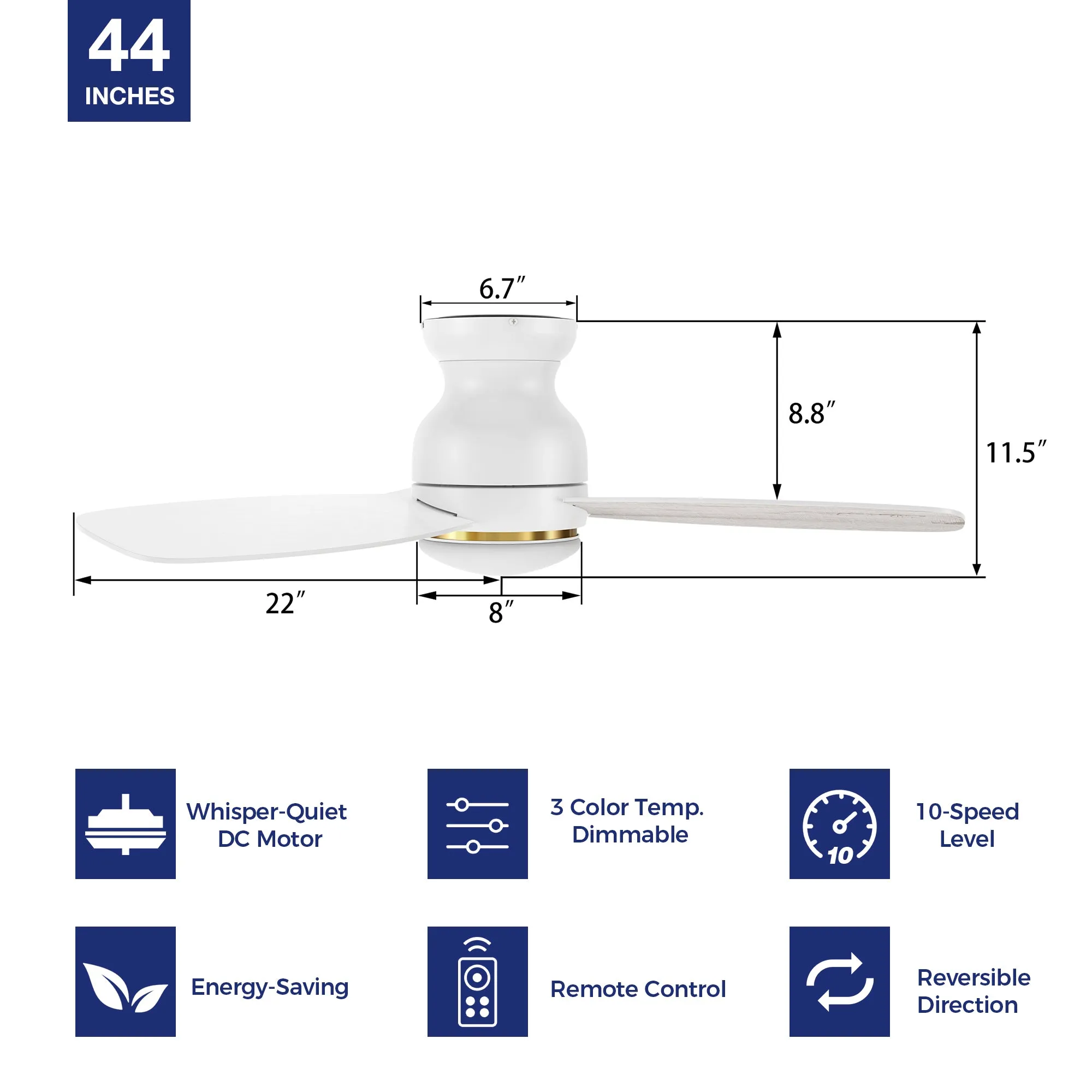 Arran Low Profile Ceiling Fan with LED Light and Remote 44 inch