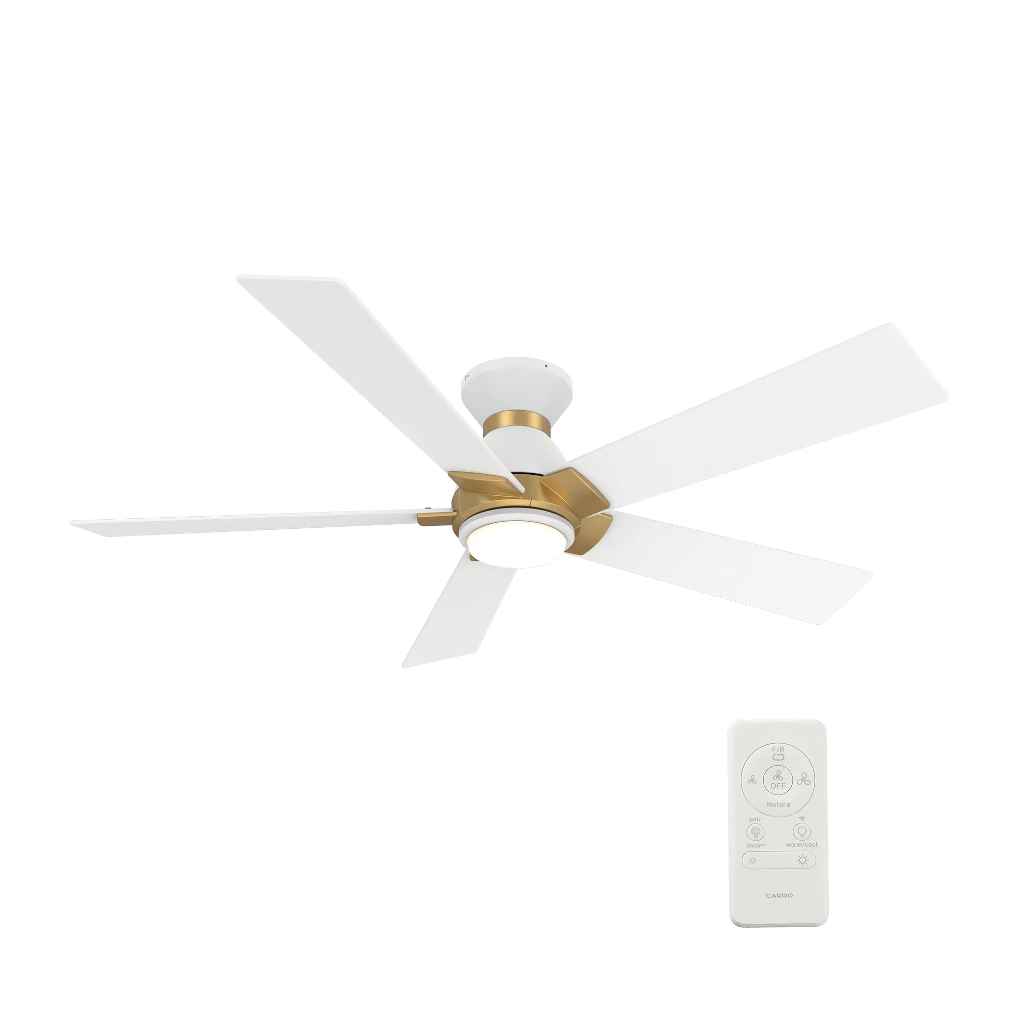 ASCENDER 52 inch 5-Blade Flush Mount Smart Ceiling Fan with LED Light & Remote Control - White/White (Gold Detail)