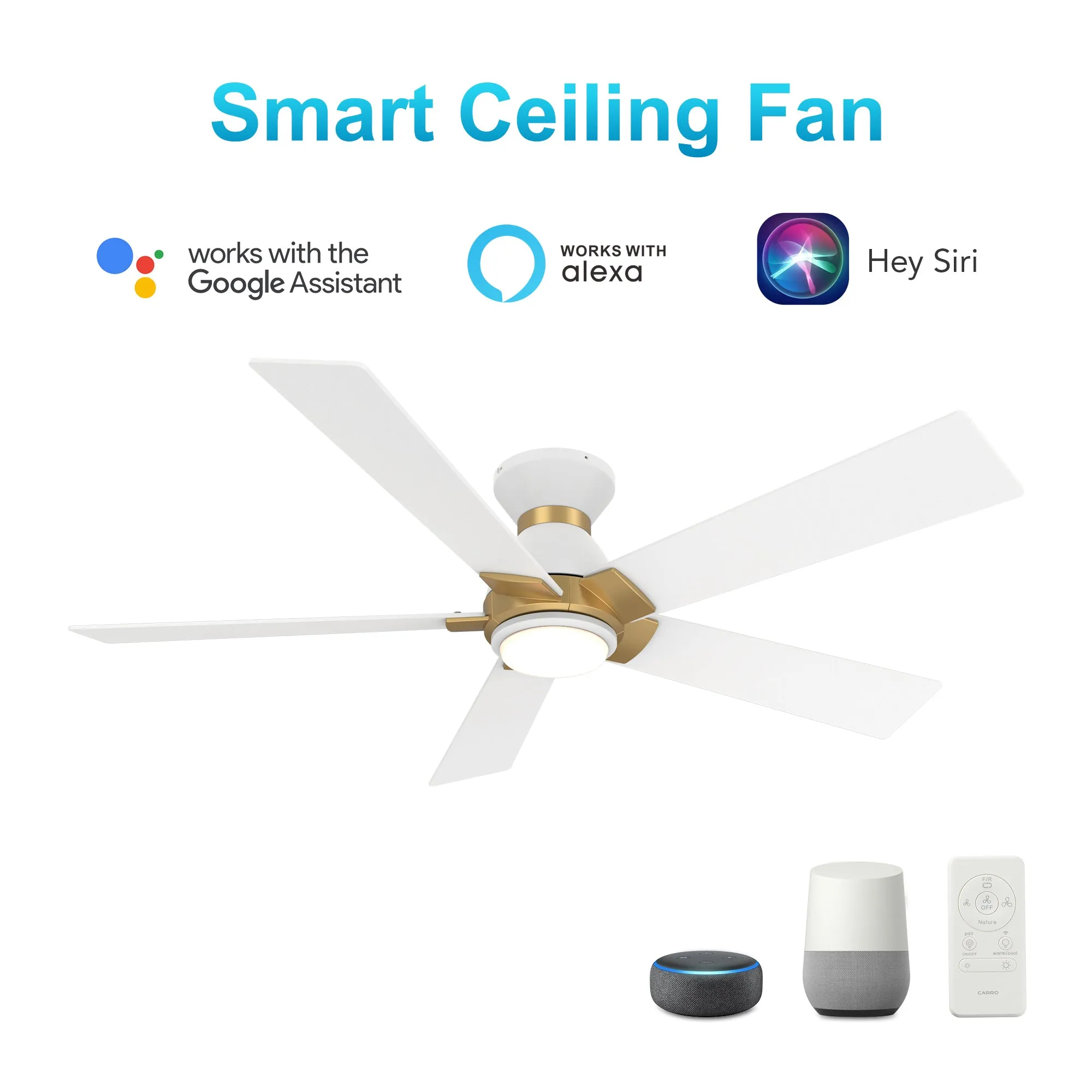 ASCENDER 52 inch 5-Blade Flush Mount Smart Ceiling Fan with LED Light & Remote Control - White/White (Gold Detail)