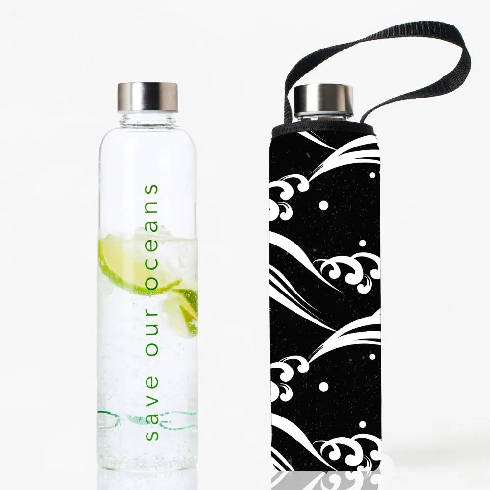 BBBYO Glass Water Bottle with Cover 1L - Wave Print