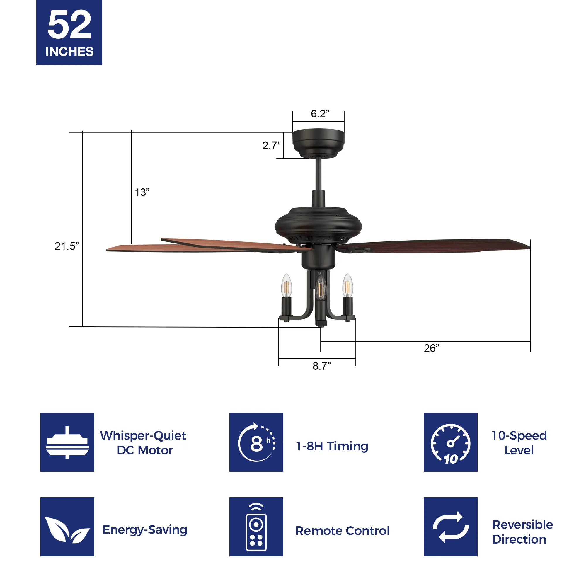 Bryson DC Ceiling Fan with Lights and Remote 52 inch 10 speed option