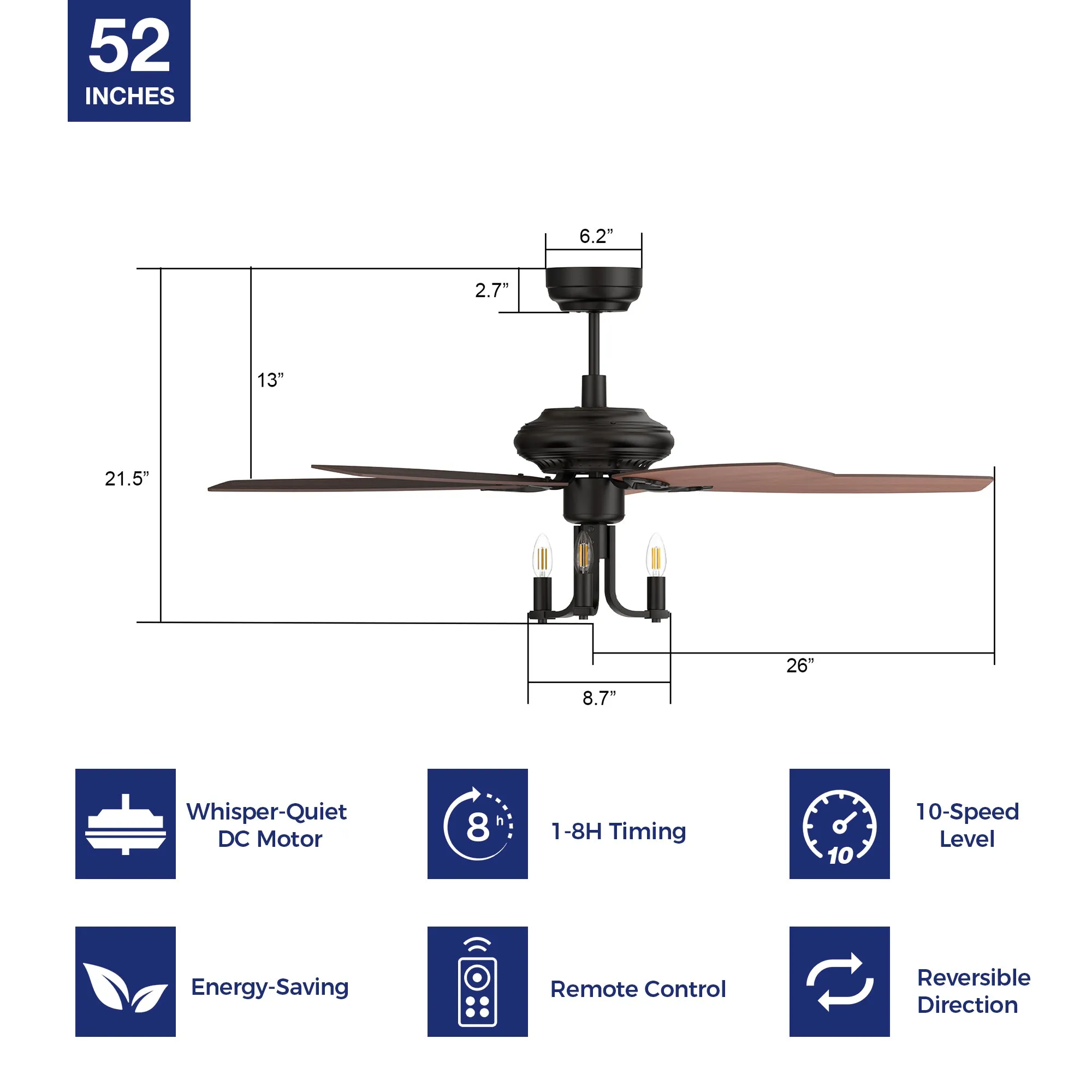 Bryson DC Ceiling Fan with Lights and Remote 52 inch 10 speed option