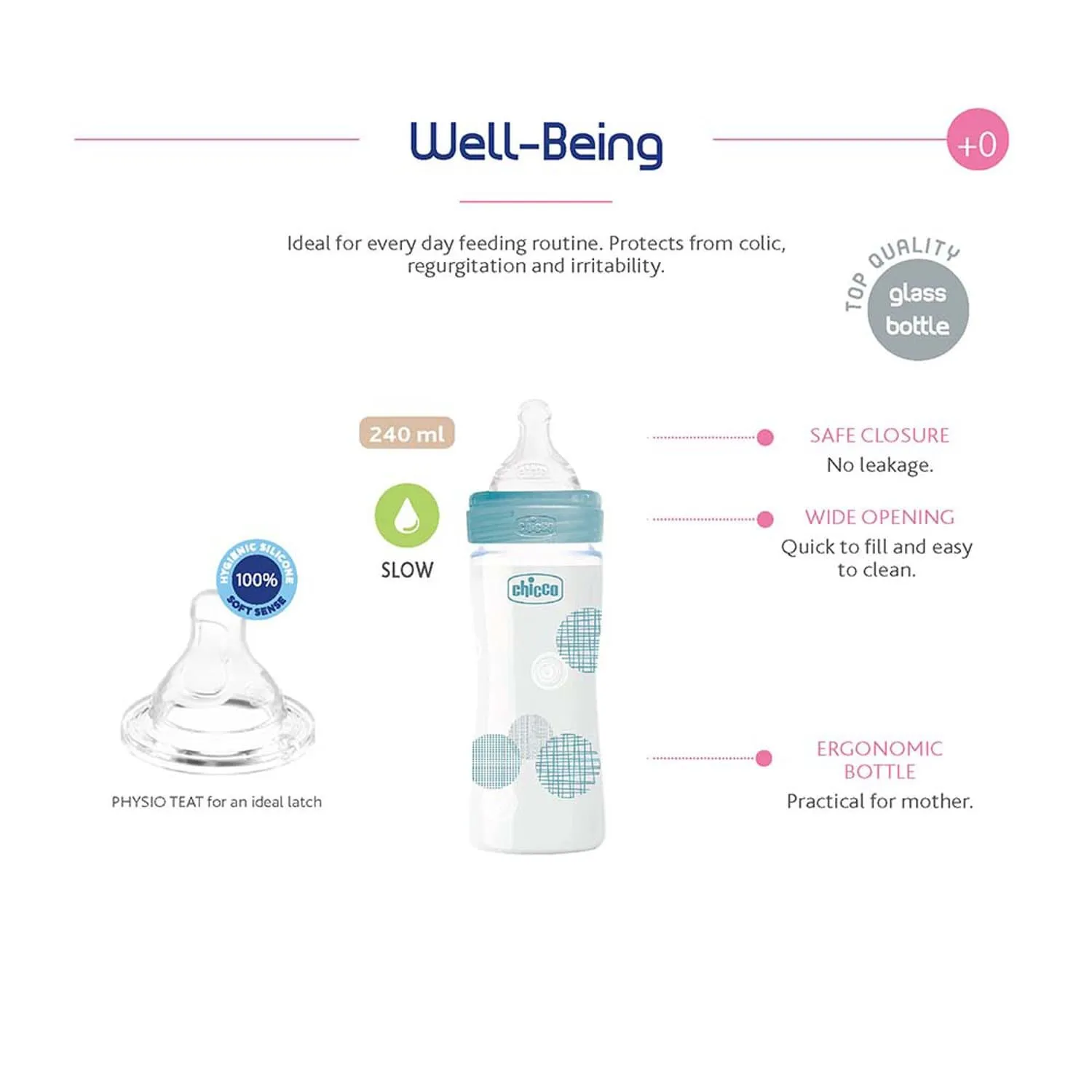 CHICCO WELL-BEING GLASS BOTTLE 240ML SLOW FLOW 0M  SILICONE BLUE