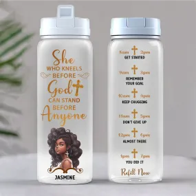 Christian - She Who Kneels Before God Can Stand Before Anyone - Personalized Water Tracker Bottle