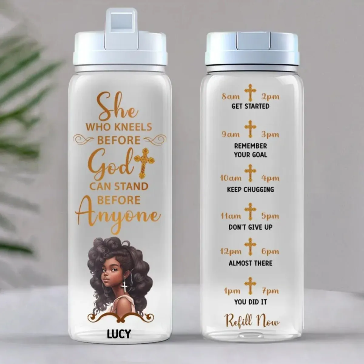 Christian - She Who Kneels Before God Can Stand Before Anyone - Personalized Water Tracker Bottle