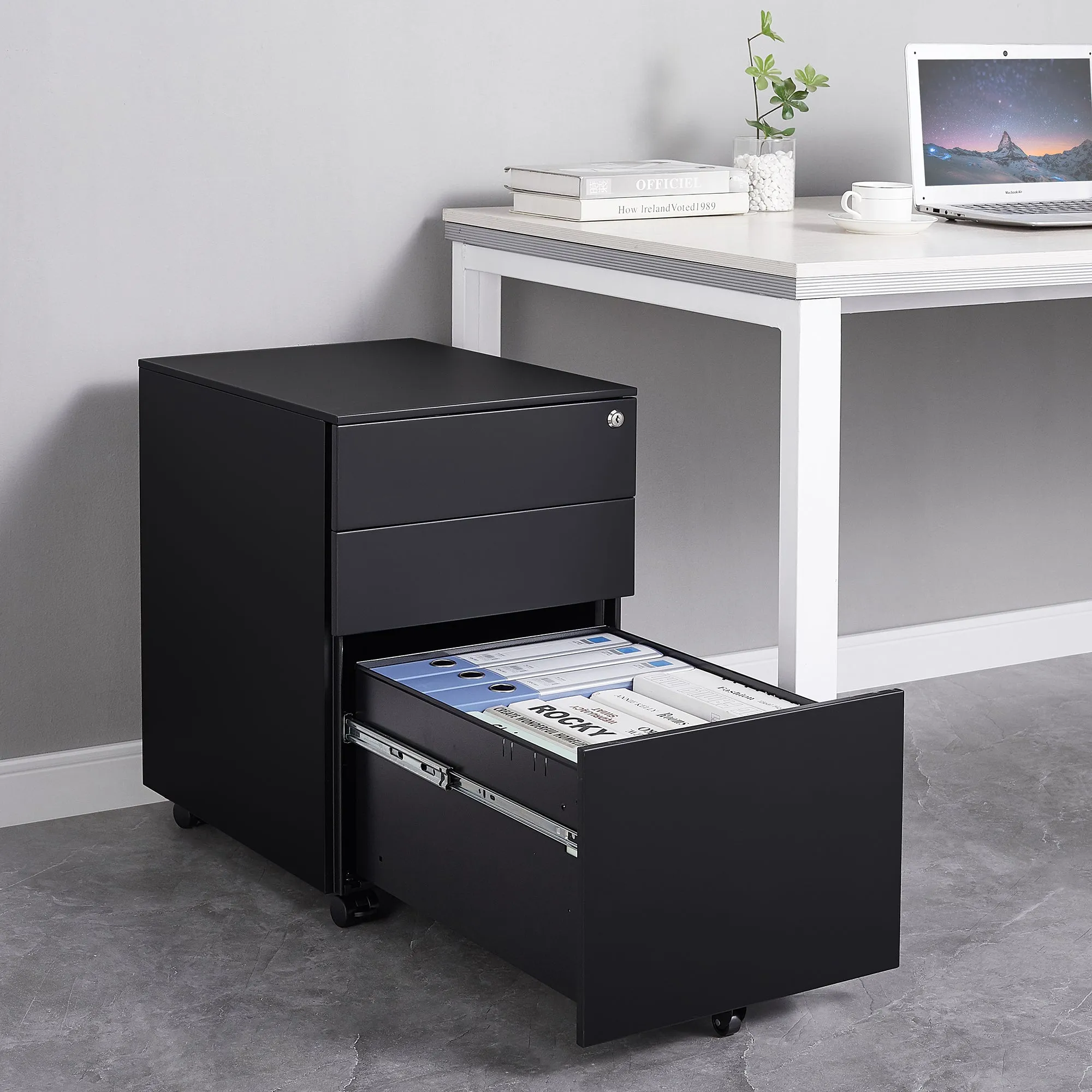 Compact 3 Drawer Mobile File Cabinet - Black