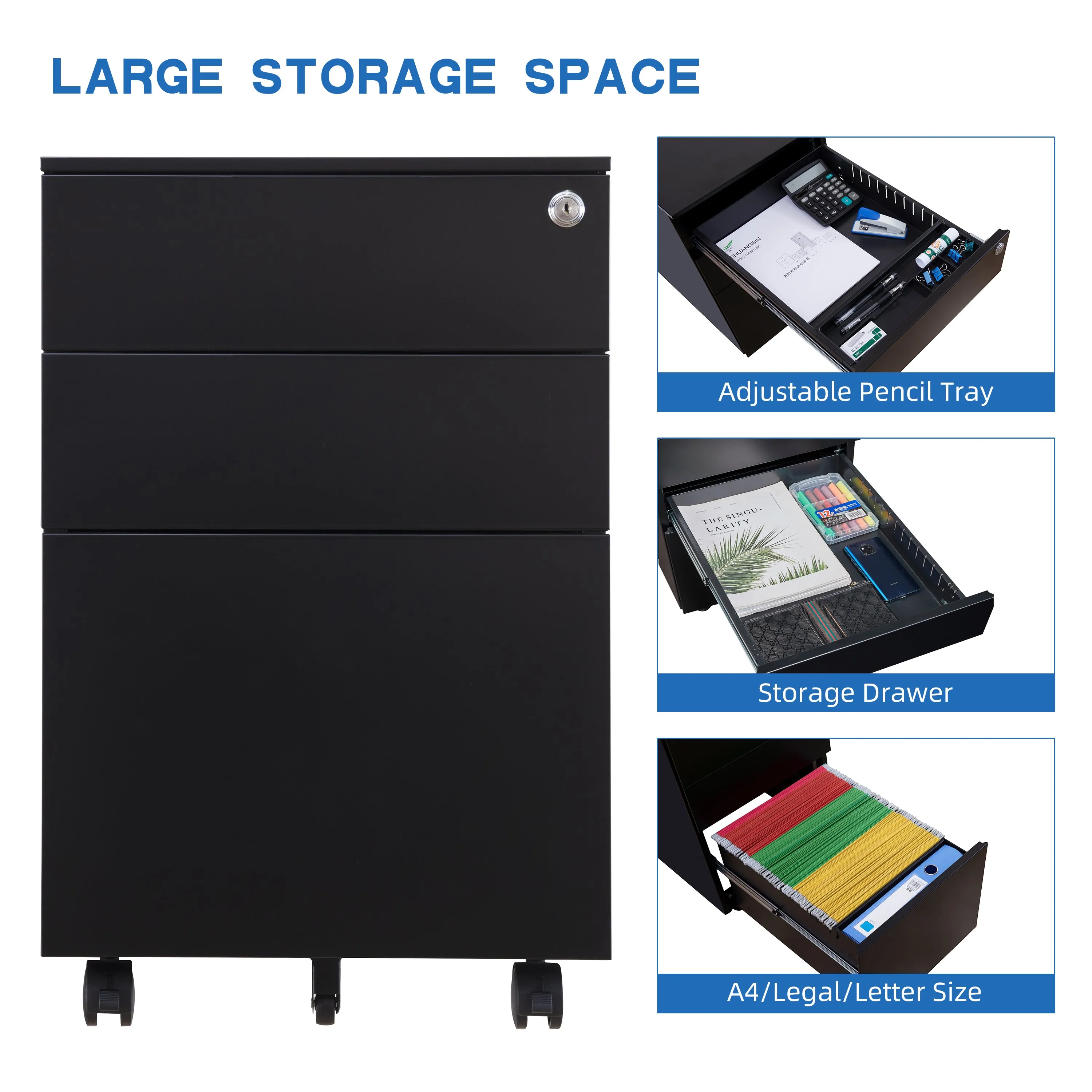 Compact 3 Drawer Mobile File Cabinet - Black