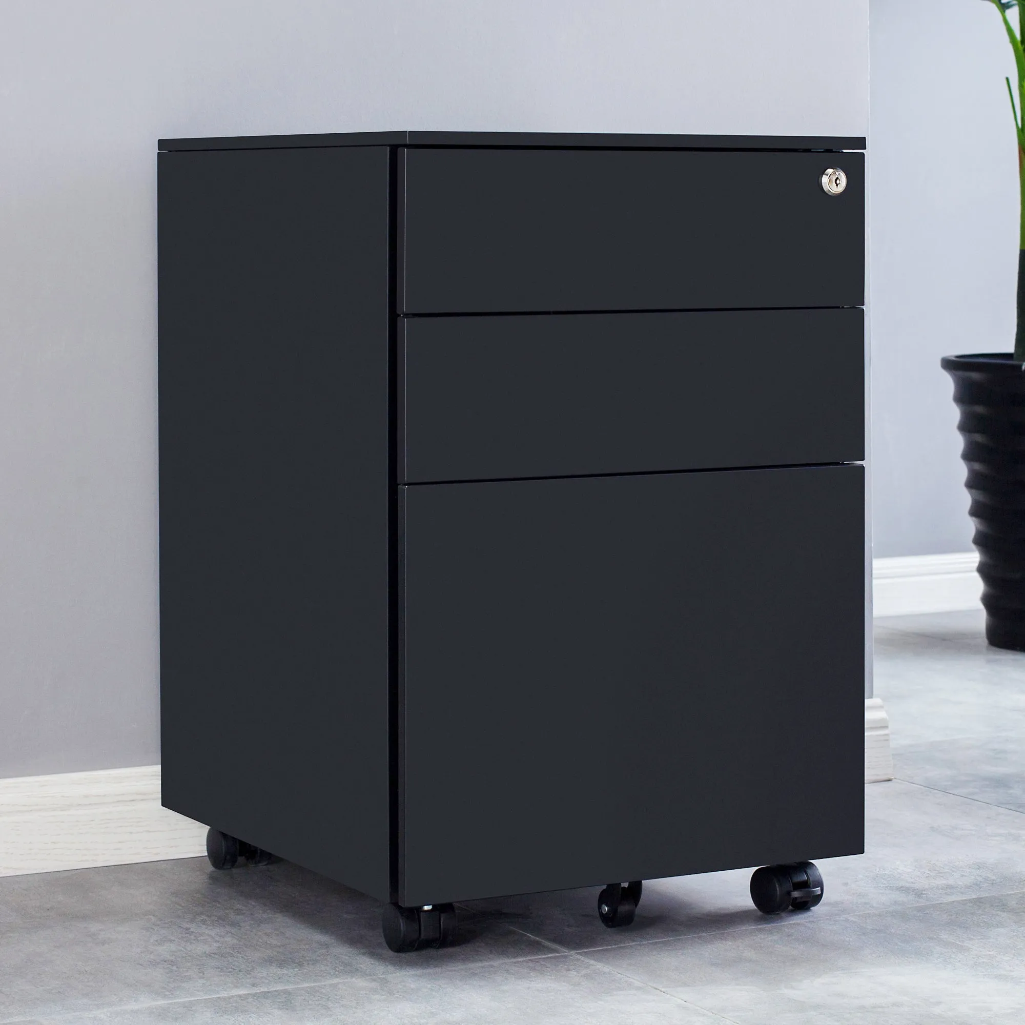 Compact 3 Drawer Mobile File Cabinet - Black