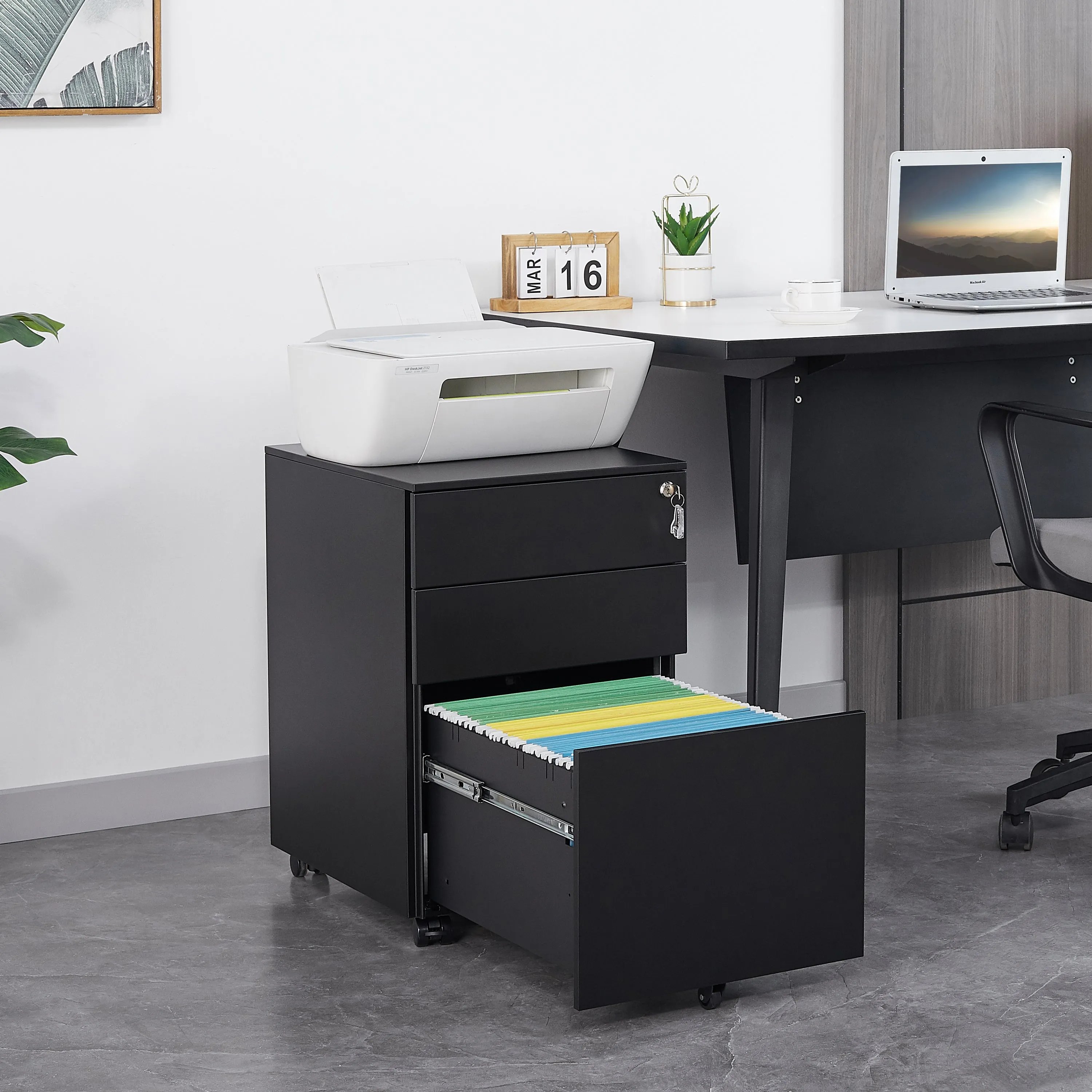 Compact 3 Drawer Mobile File Cabinet - Black