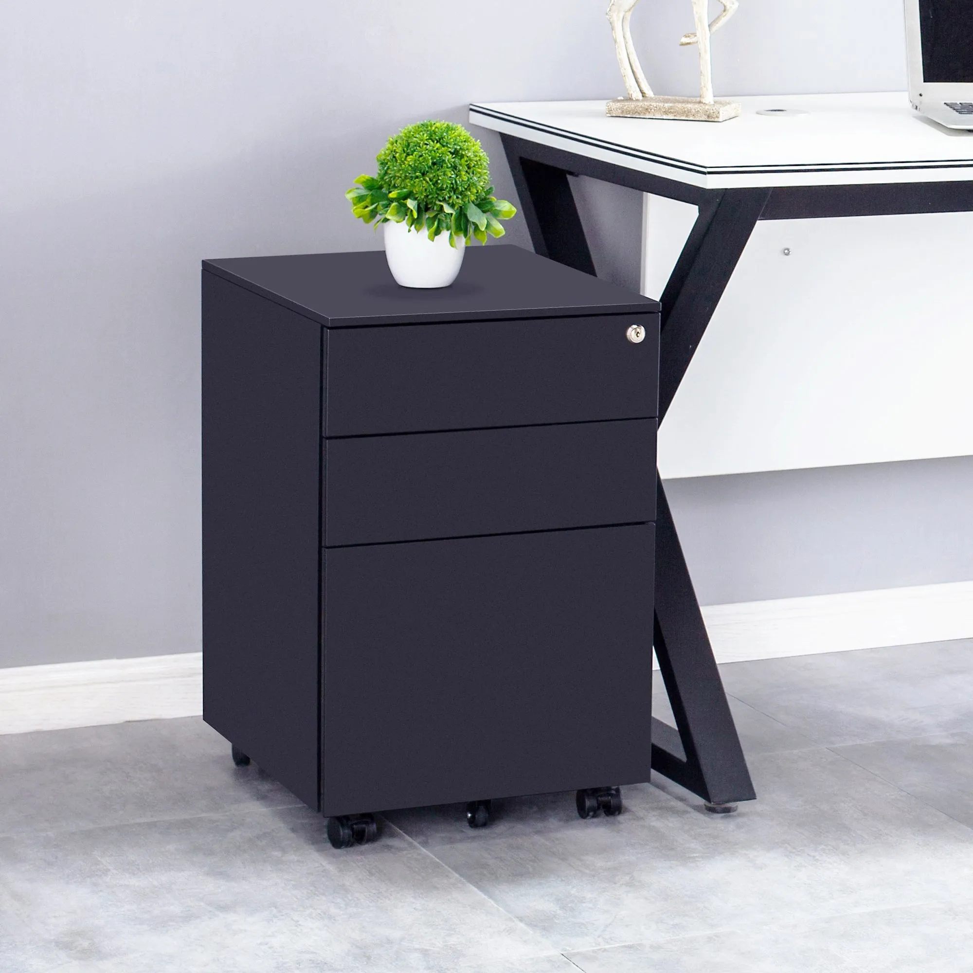 Compact 3 Drawer Mobile File Cabinet - Black