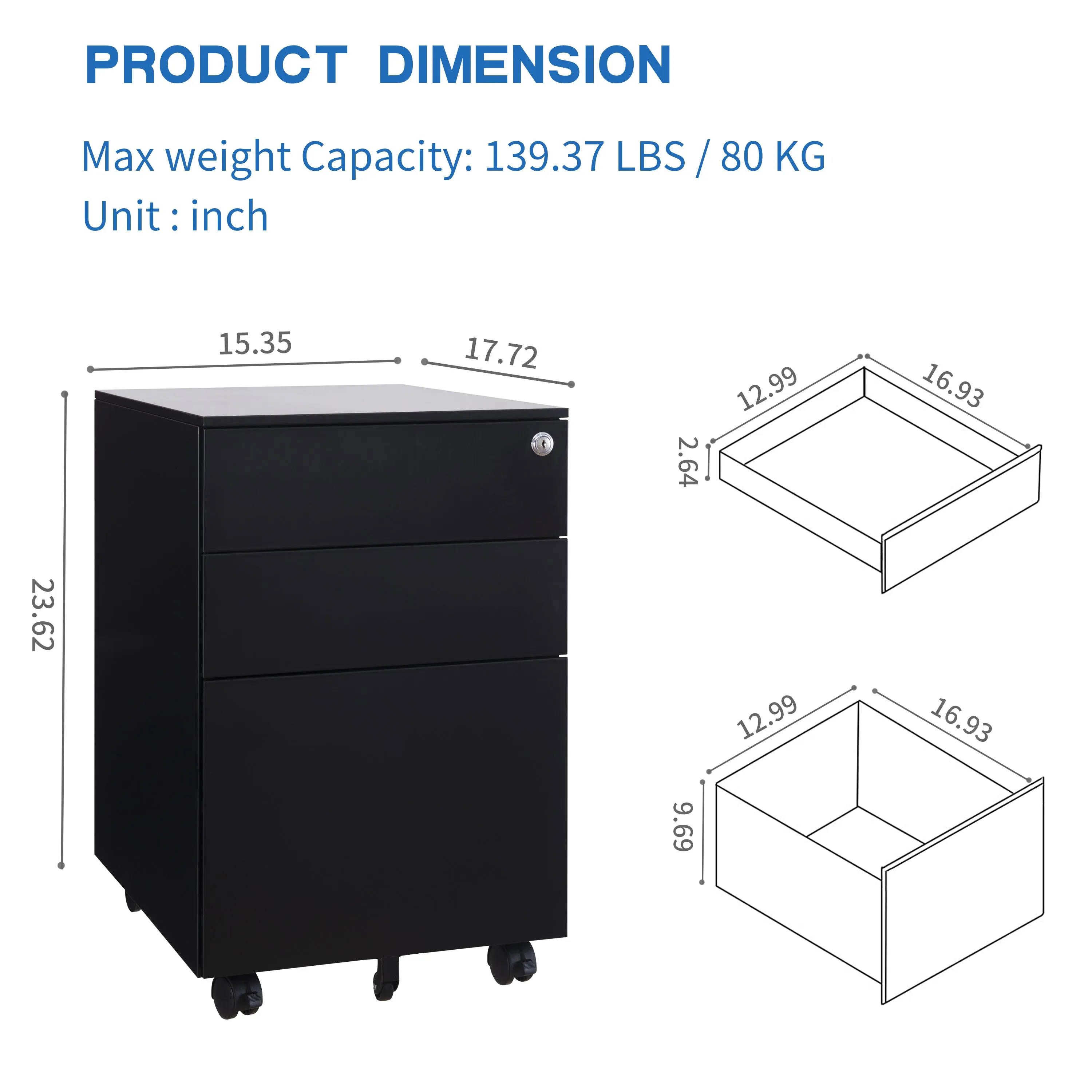 Compact 3 Drawer Mobile File Cabinet - Black