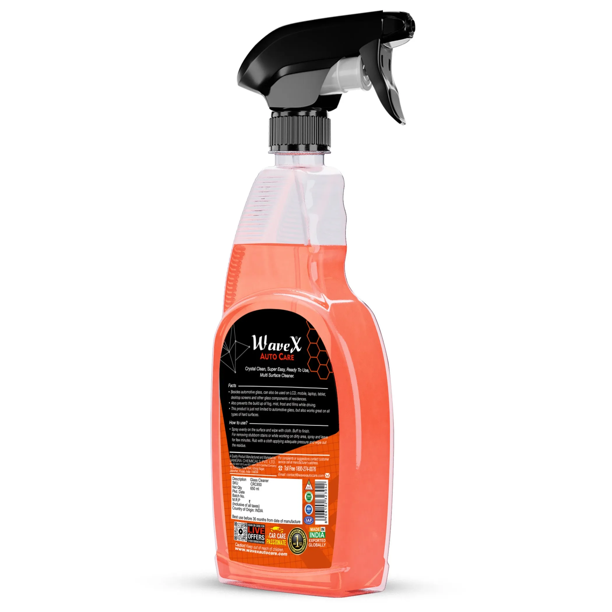 Crysta Clean Glass Cleaner 650 ml, Multi Surface Professional Grade Automotive Glass Cleaner