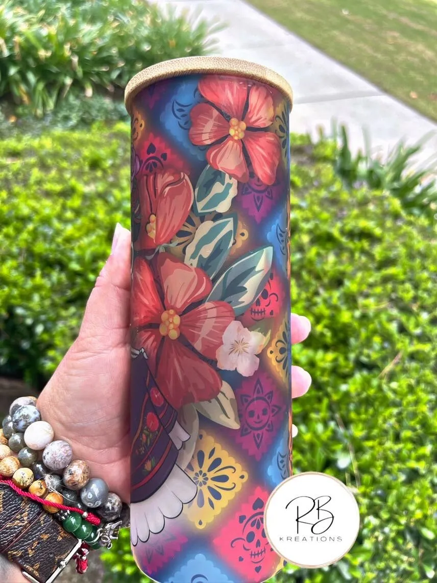 Dia de Los Muertos Frosted Tumbler | Cafecito Tumbler | Glass tumbler | Mom Tumbler | 25oz Skinny Frosted glass | Iced Coffee Tumbler |