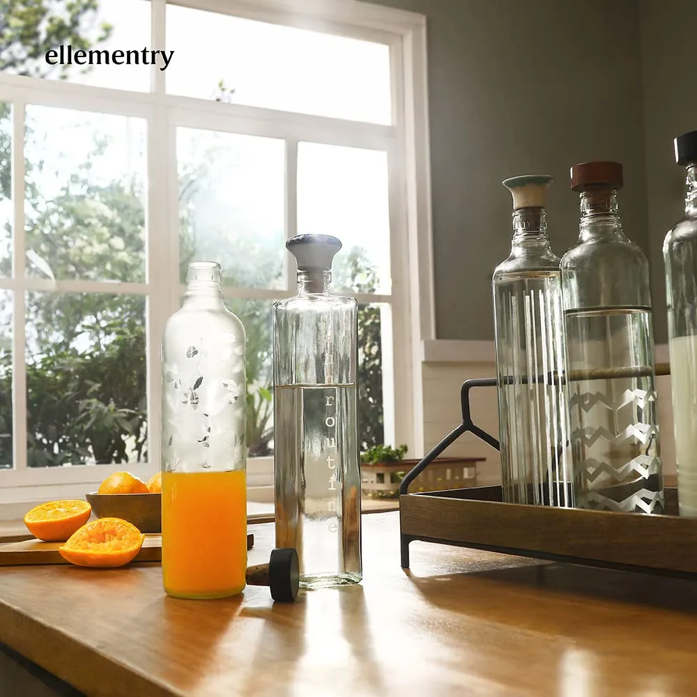 Ellementry unroutine square glass bottle with blue ceramic stopper| Clear | Water Bottle | Milk Bottle | Juice Bottle | Cocktail Bottle | Handcrafted | Sustainable | Set of 3