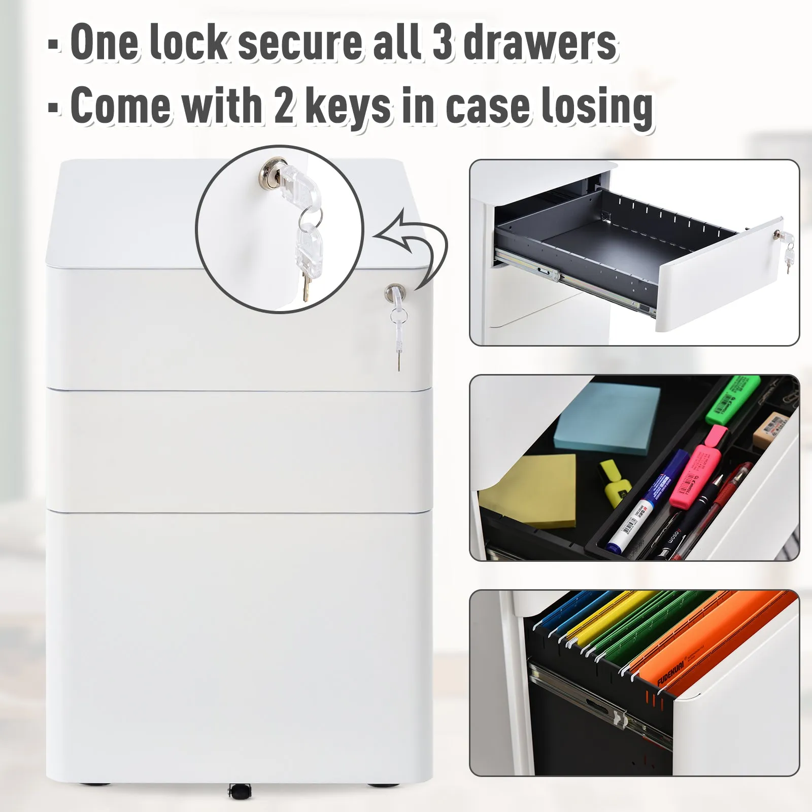 Fully Assembled 3 Drawer Steel Metal Filing Cabinet Lockable Rolling Vertical File Cabinet White