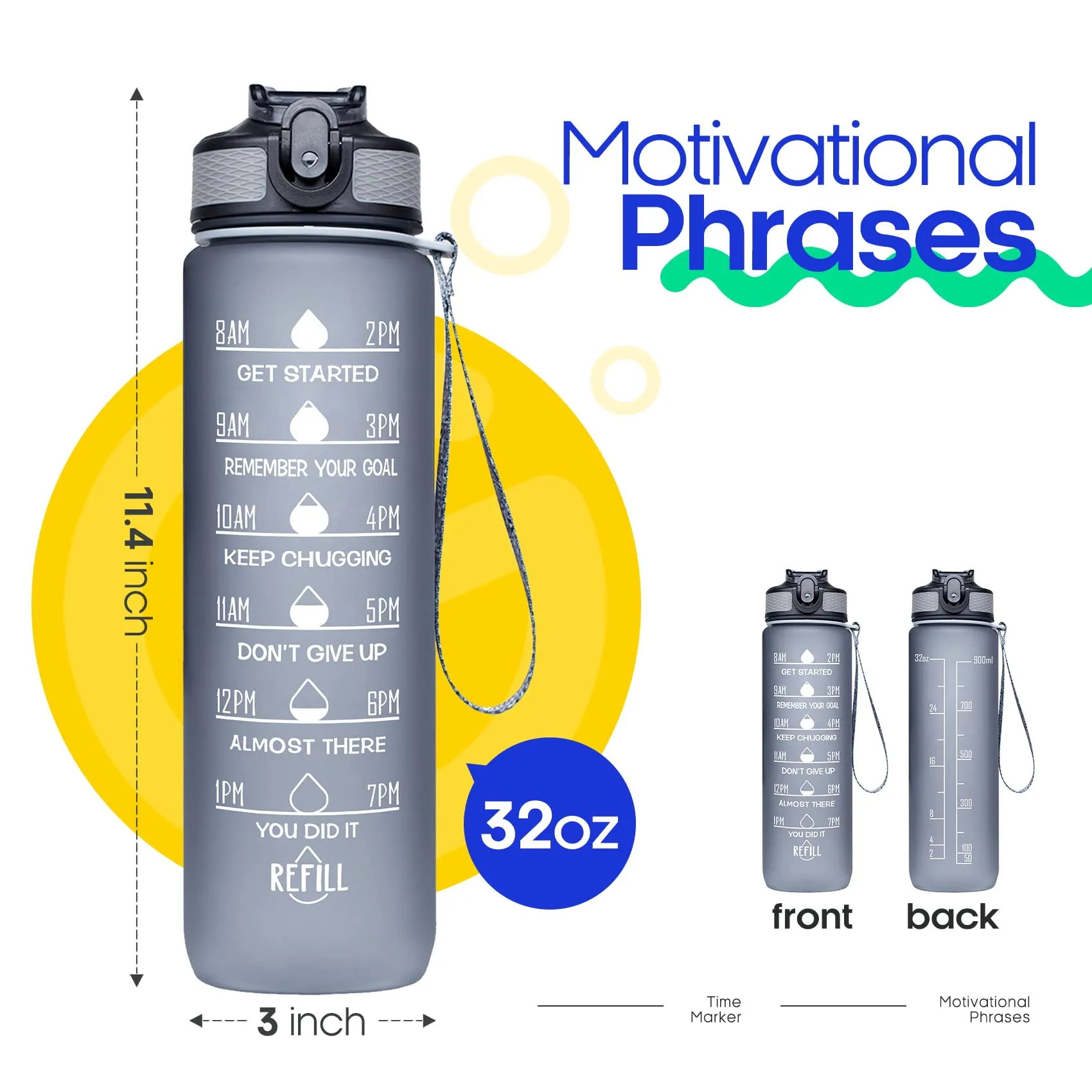 Giotto 32oz BPA Free Sports Water Bottle with Time Marker & Straw