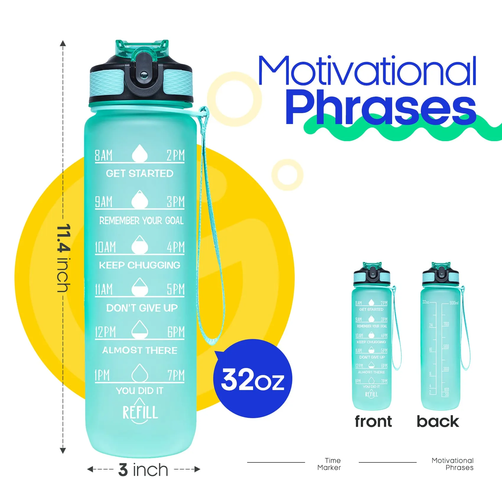 Giotto 32oz BPA Free Sports Water Bottle with Time Marker & Straw