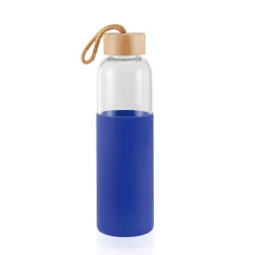 Glass Drinking Bottle 500ml Silicone Grip with Bamboo Wooden Lid and String 22583