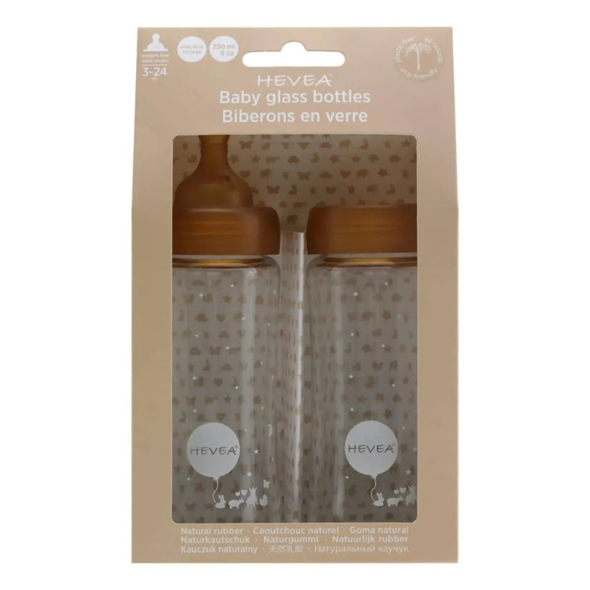 Hevea Wide Neck Glass Bottle with Rubber Teat - 250ml Two Pack