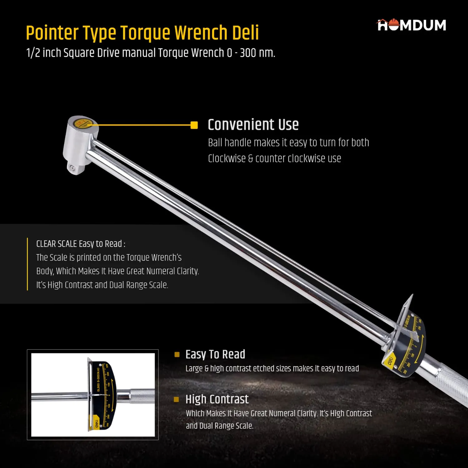 Homdum Pointer Type Torque Wrench Deli 1/2 inch Square Drive manual Torque Wrench 0 - 300 nm.