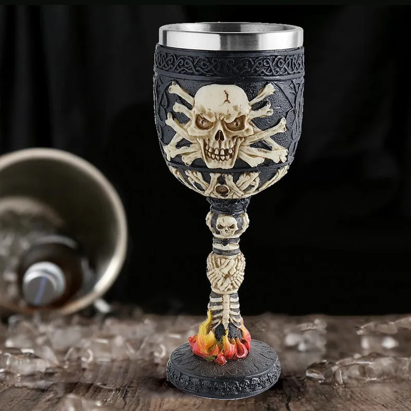 Horrible Skull on a Fire Wine Glass with Stainless Steel and Resin / Vintage Style Bar Drinkware