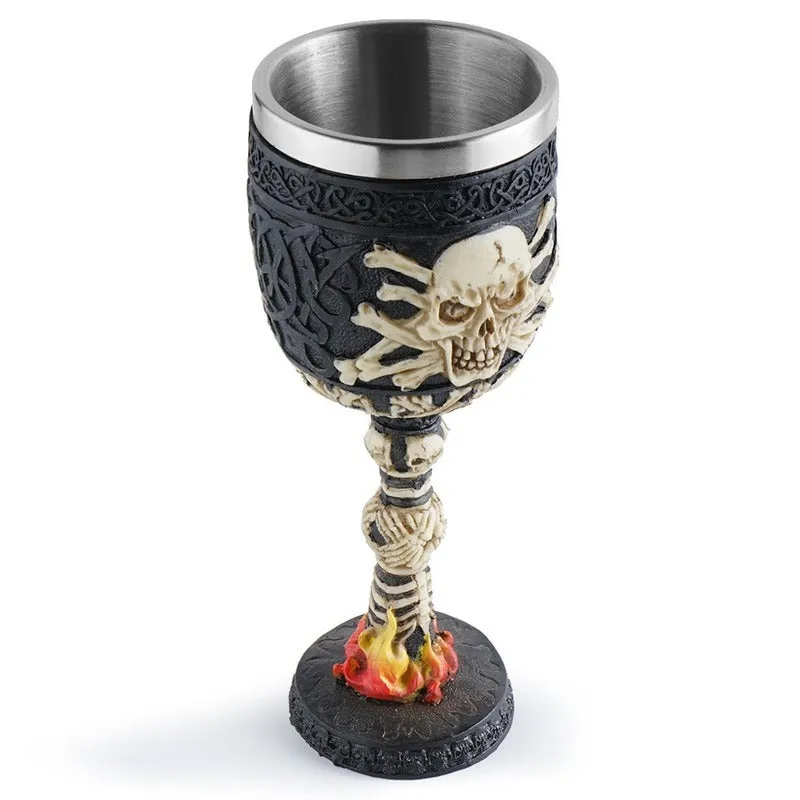 Horrible Skull on a Fire Wine Glass with Stainless Steel and Resin / Vintage Style Bar Drinkware