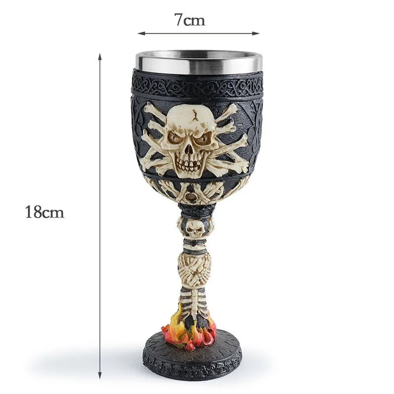 Horrible Skull on a Fire Wine Glass with Stainless Steel and Resin / Vintage Style Bar Drinkware