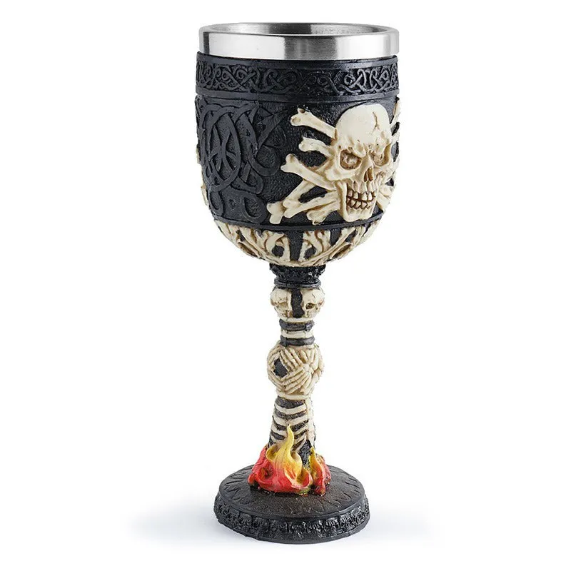 Horrible Skull on a Fire Wine Glass with Stainless Steel and Resin / Vintage Style Bar Drinkware