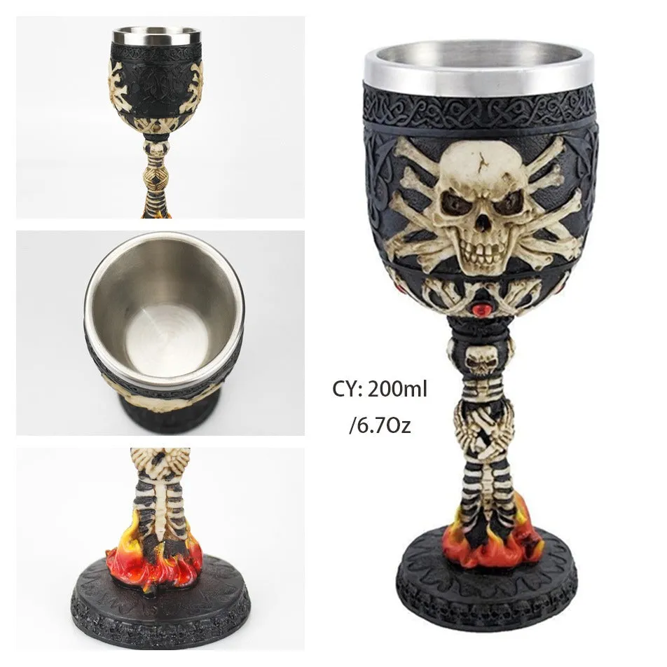 Horrible Skull on a Fire Wine Glass with Stainless Steel and Resin / Vintage Style Bar Drinkware