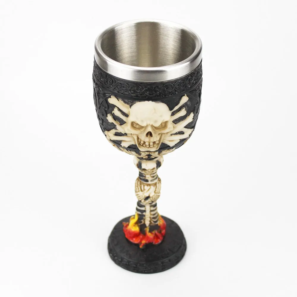 Horrible Skull on a Fire Wine Glass with Stainless Steel and Resin / Vintage Style Bar Drinkware