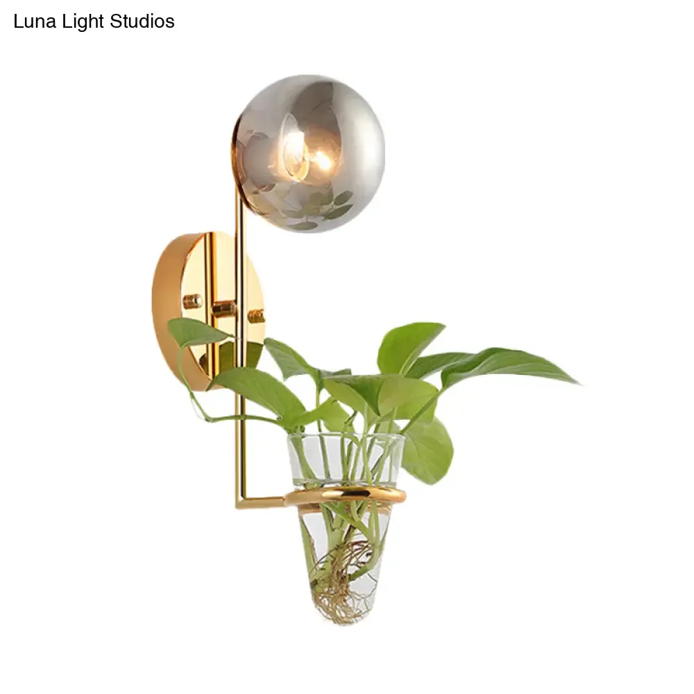 Industrial Global Cream/Smoke Gray Glass Wall Sconce Lamp with Clear Glass Plant Cup - Black/Gold Finish