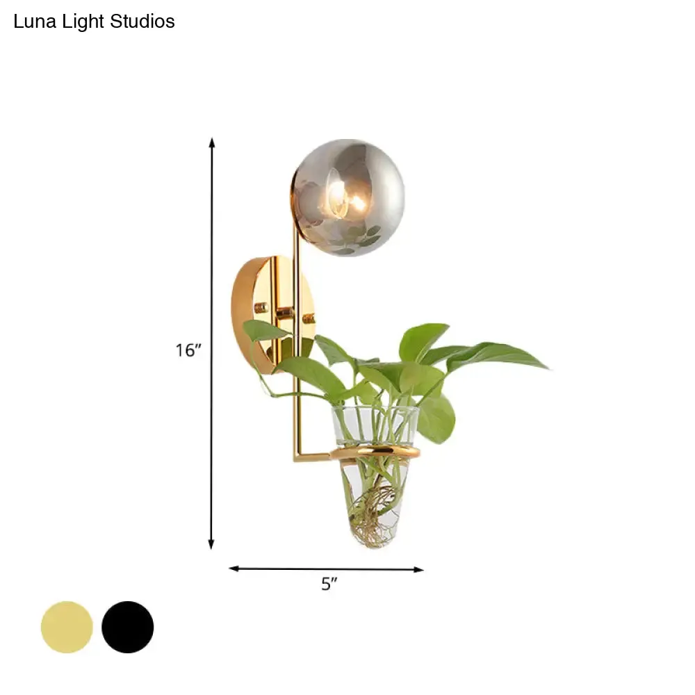 Industrial Global Cream/Smoke Gray Glass Wall Sconce Lamp with Clear Glass Plant Cup - Black/Gold Finish