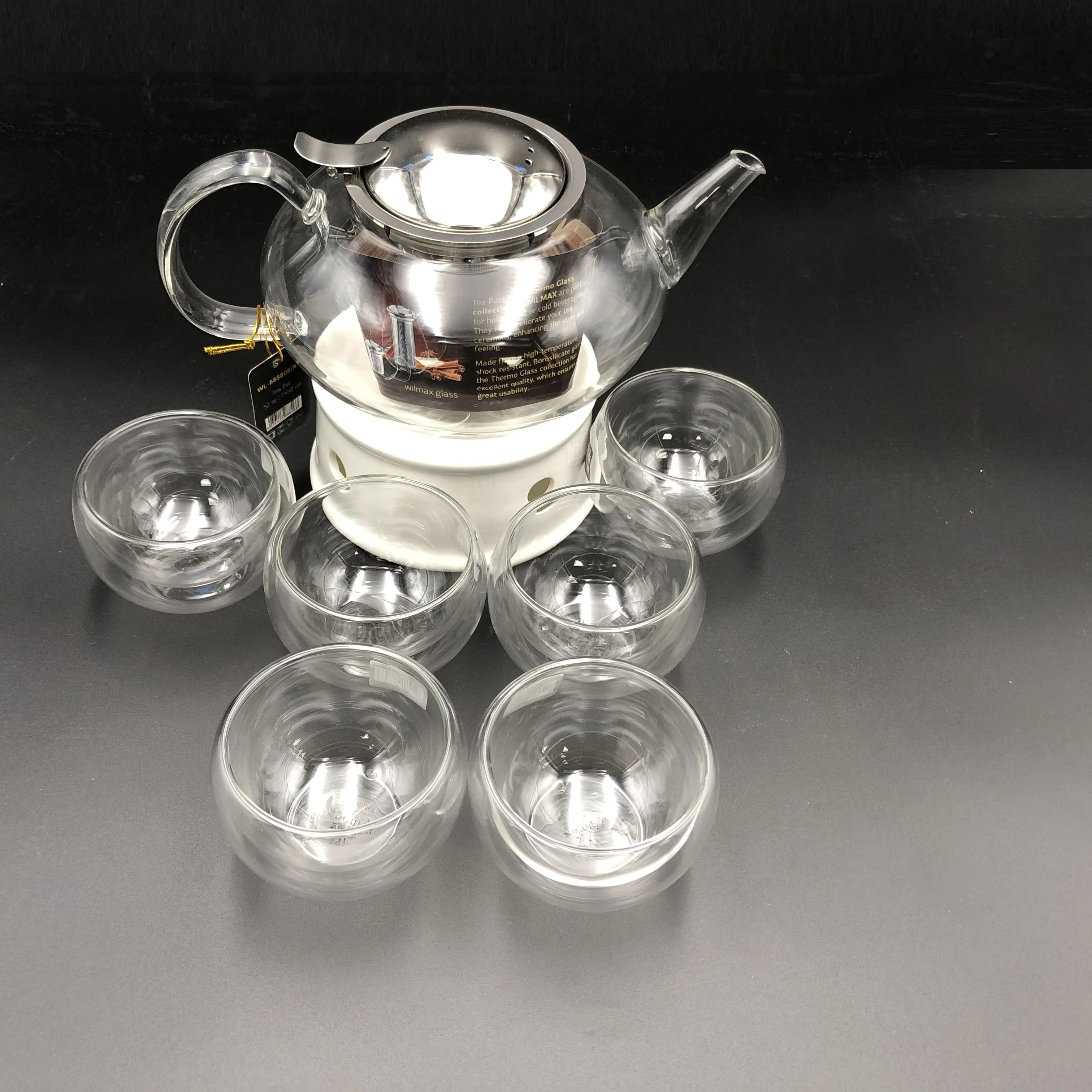 Large Asian Tea Thermo Set With 6 Bowls For Serving And A Porcelain Warming Stand