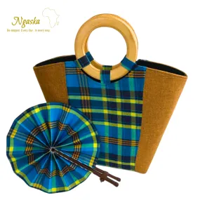 Large Bag and Fan Teal Madras Set Brown  - BF1-2