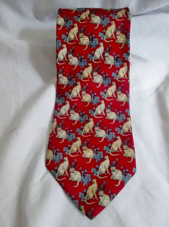 Mens BEAUFORT TIE RACK ITALY NECK Silk KITTY CAT FLORAL Kitten RED