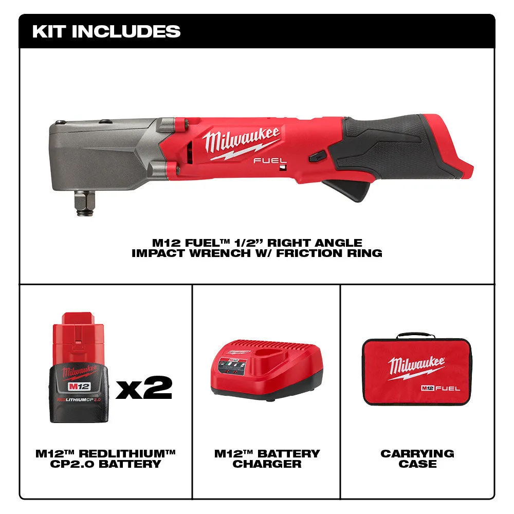 Milwaukee 2565-22 M12 FUEL Lithium-Ion Brushless Cordless 1/2" Right Angle Impact Wrench w/ Friction Ring Kit, 2.0 Ah