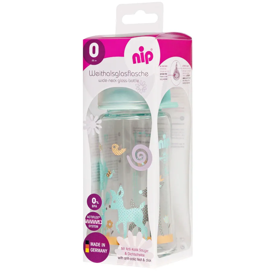 Nip Wide Neck Glass Bottle With Silicone Teat-M 240ml Boy Deer