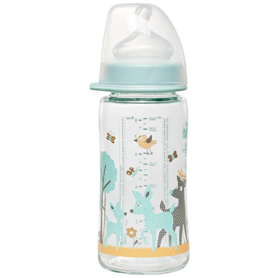 Nip Wide Neck Glass Bottle With Silicone Teat-M 240ml Boy Deer