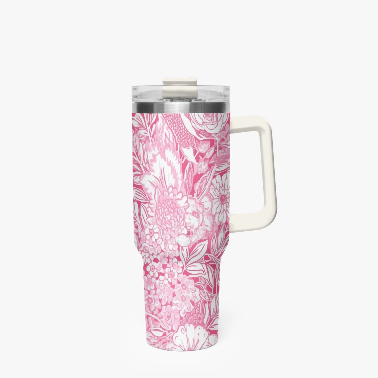 Pink and White Floral Design Pattern 40oz Car Tumbler Cup, Large Water Tumbler with Handle, Gift Idea for Christmas, Birthday, Bestie, Coworker