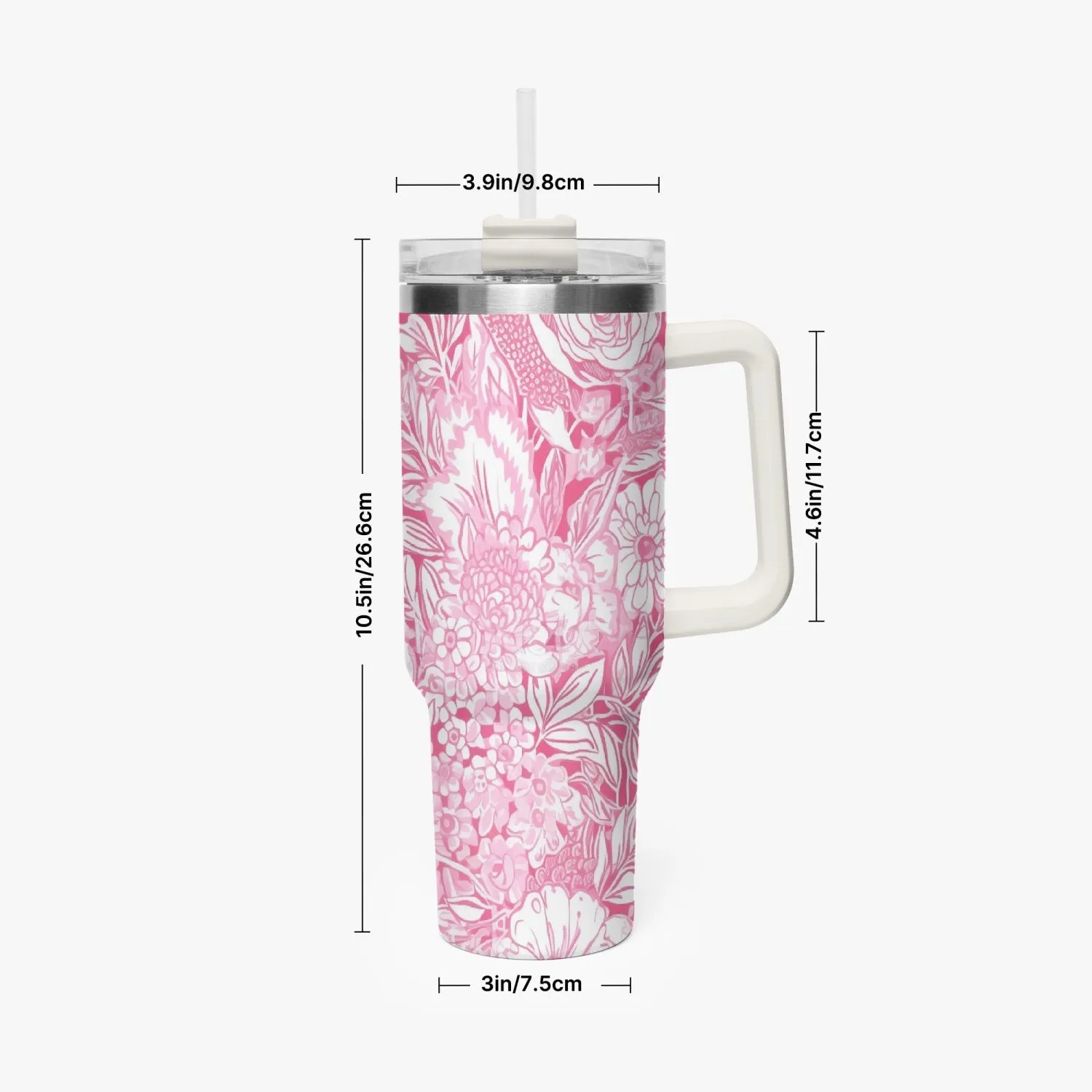 Pink and White Floral Design Pattern 40oz Car Tumbler Cup, Large Water Tumbler with Handle, Gift Idea for Christmas, Birthday, Bestie, Coworker